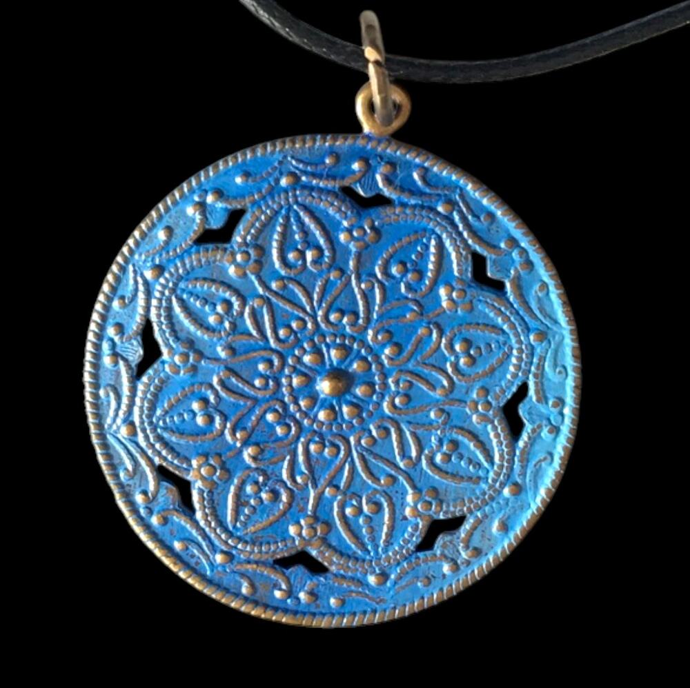 Blue-washed medallion p-cycled necklace, waxed black cotton cord
